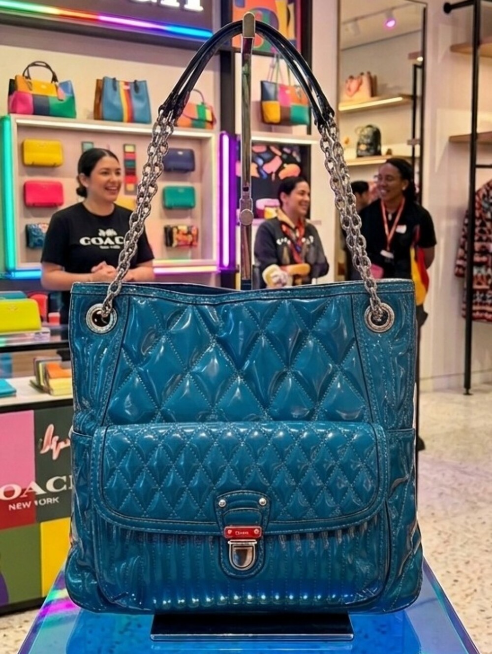 Coach Poppy Liquid Gloss Teal Quilted Tote with Chain Straps